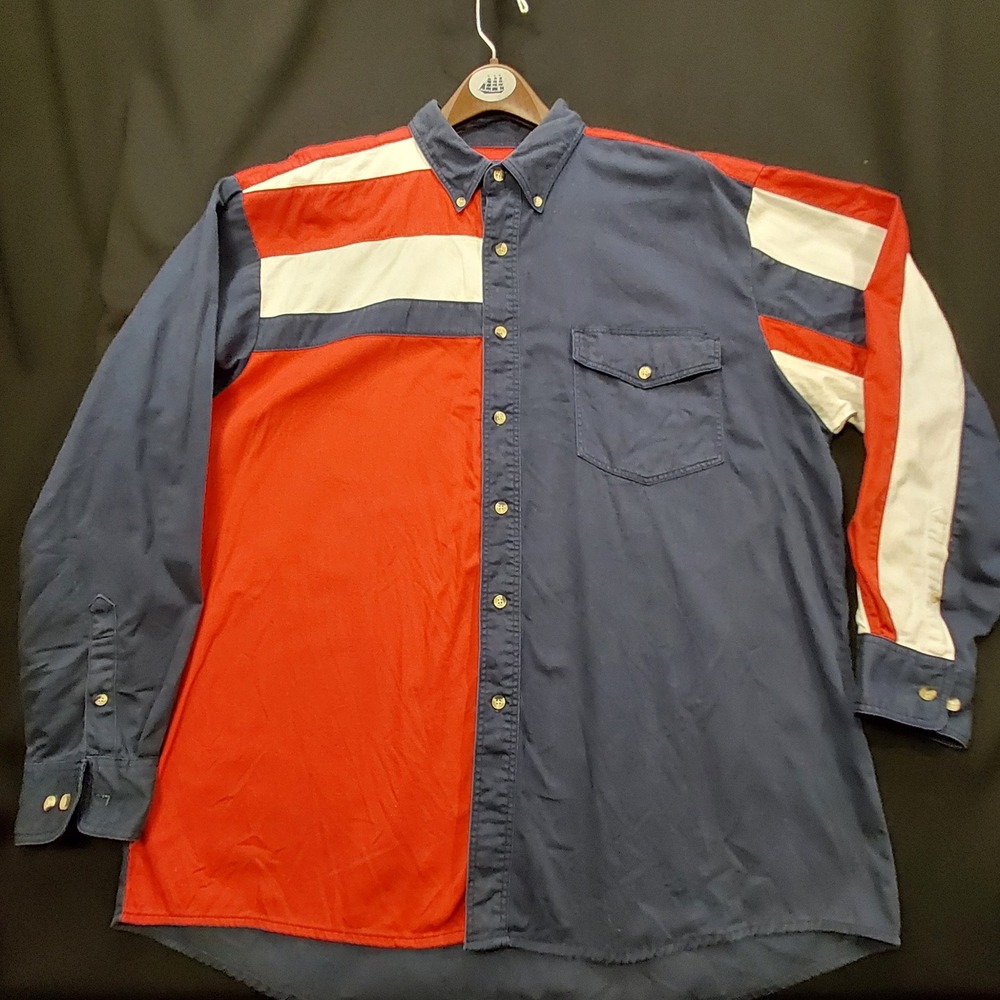 Wrangler Western Shirt Mens XL Colorblock Red Navy White Cotton Twill MH4732M